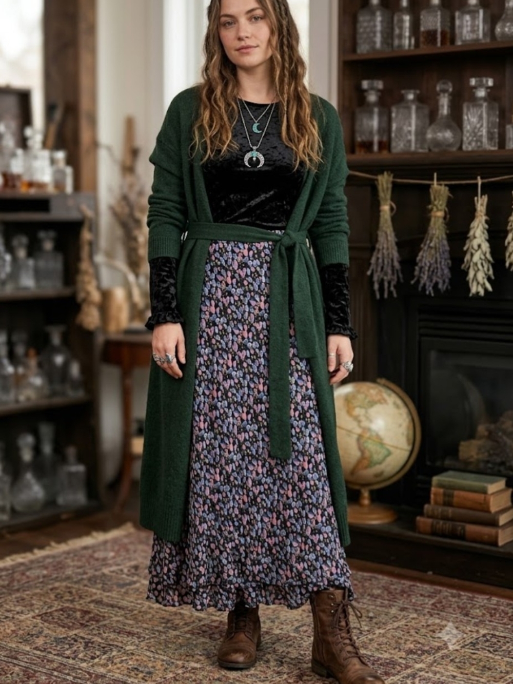 Whimsigoth Tiered Maxi Skirt Elastic Waist Fairycore Abstract Floral Romantic
